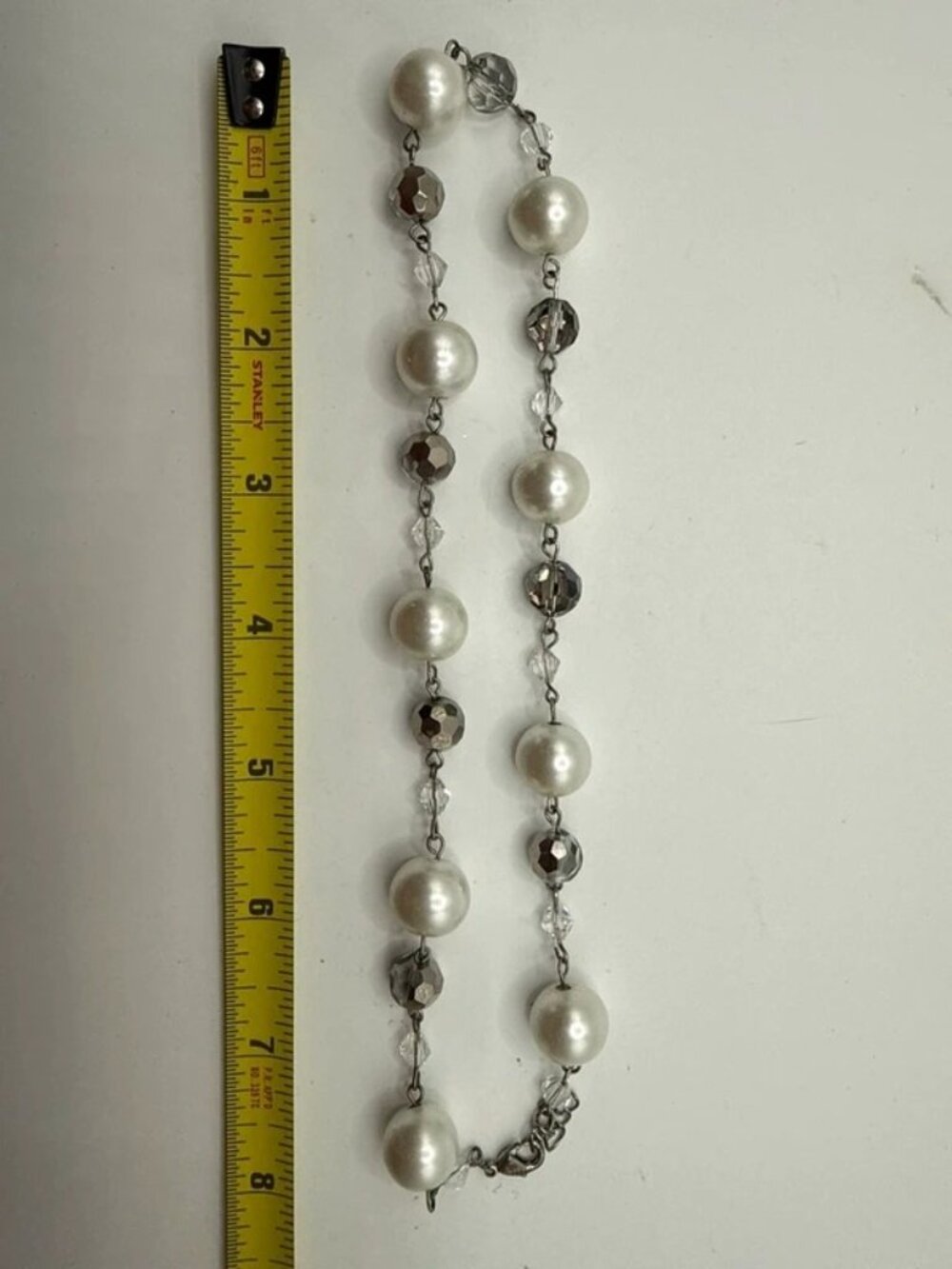 Vintage Faux Pearl & Crystal Beaded Necklace White Silver 20” - Picture 3 of 4